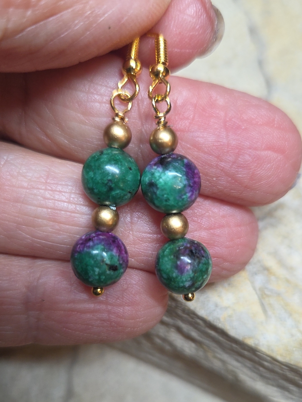 Gold-Tone Ruby Zoisite Green & Purple Bead Drop Earrings